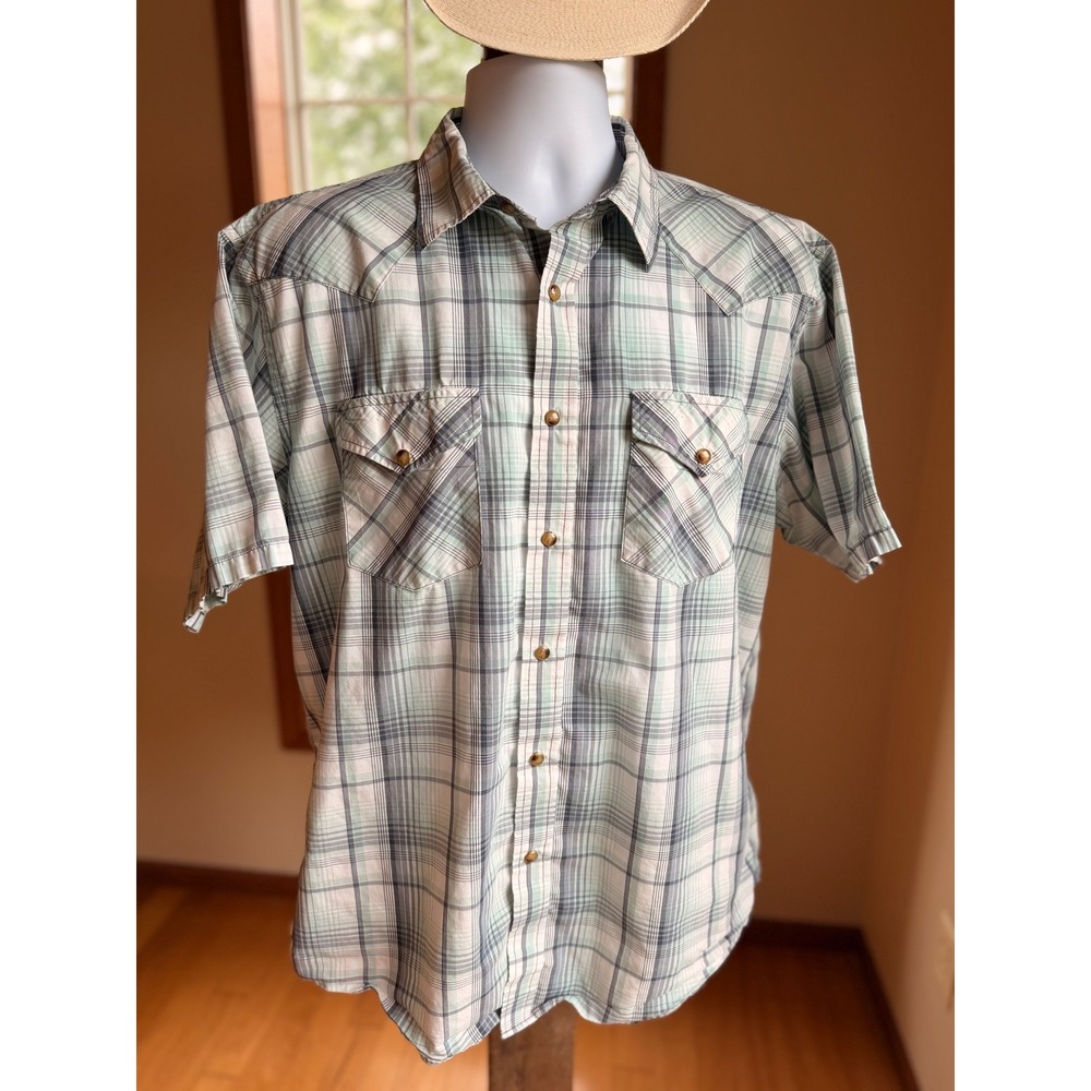 Pendleton Frontier Mens Large Plaid Western Snap Short Sleeve Shirt Mint Grey